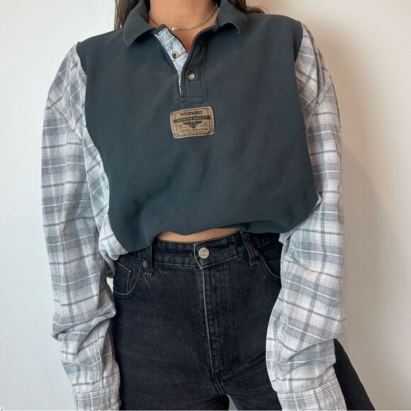 Reworked Upcycled Wrangler Long Sleeve Baggy Henley Warm Flannel Shirt Top - Picture 2 of 4
